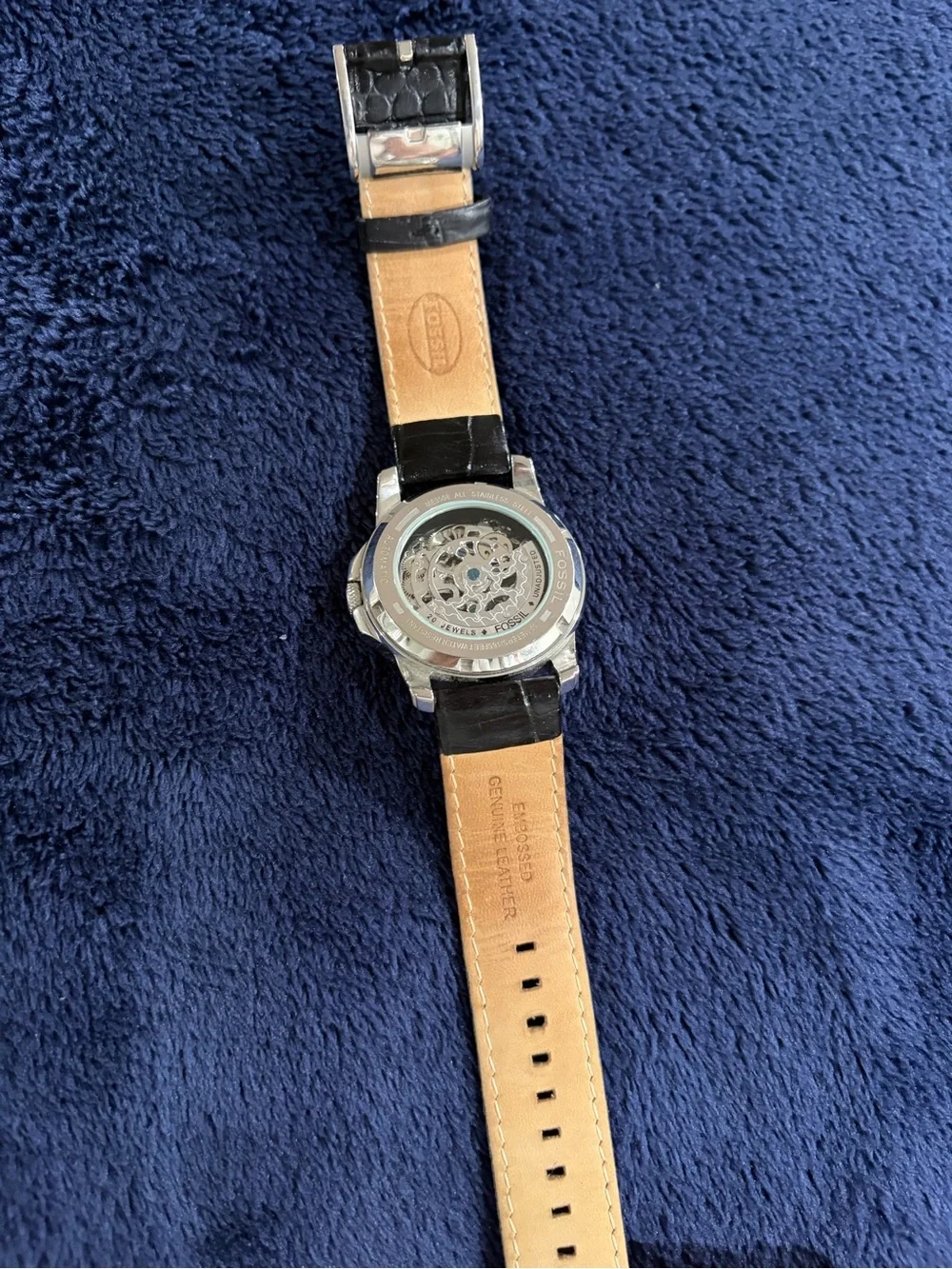 Fossil Womens Self Winding Black Leather Strap Skeleton Dial Watch